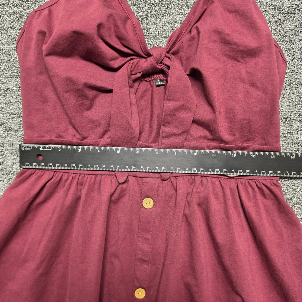 Cottagecore Boho Sundress Tie Front Button Detail Midi Womens Large Burgundy